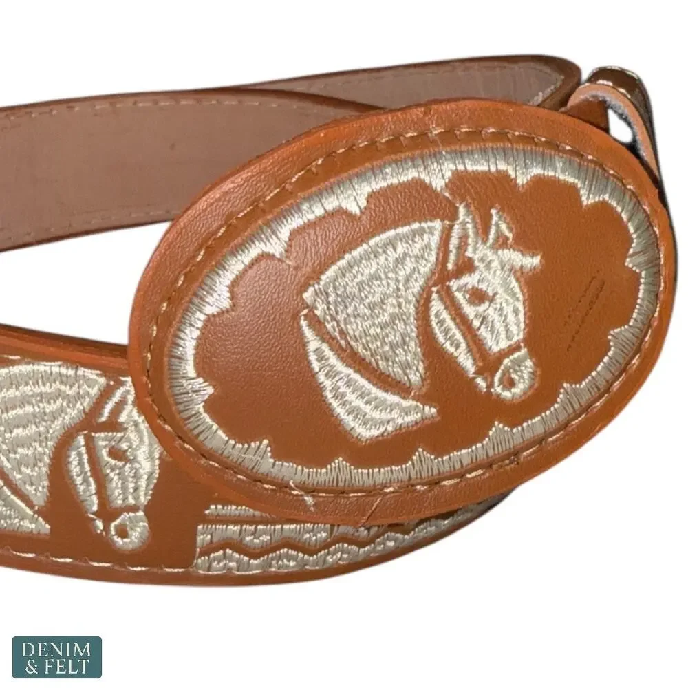 NEW Cinturones Moreno Leather Embroidered Horse Buckle Belt Cognac Western Rodeo